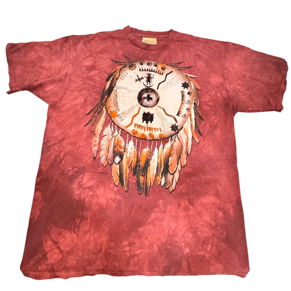 Vtg Y2K The Mountain Mens XL Tie Dye TShirt Native American Shield Maroon Cotton